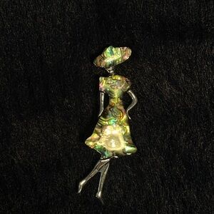 Vintage Abalone Shell Lady Silhouette Brooch in Iridescent Green and Gold